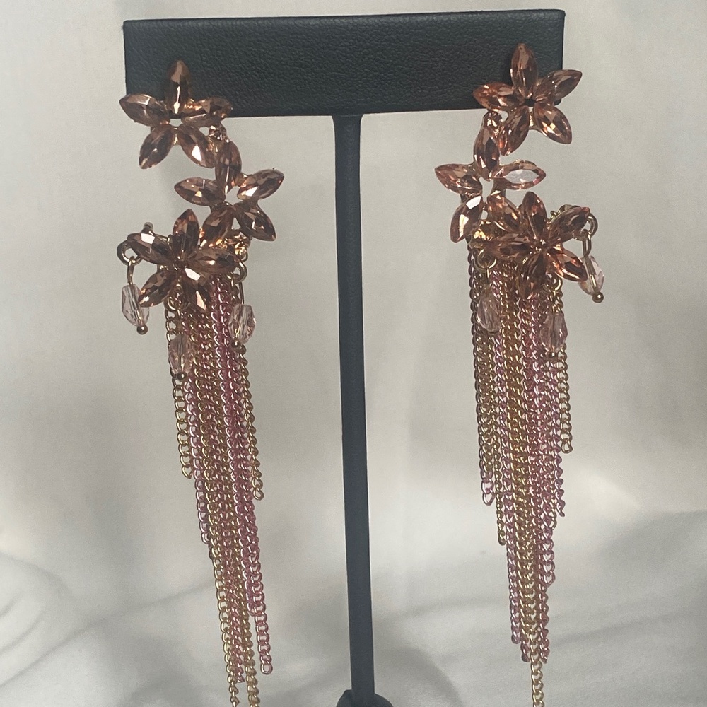 Rose pink earrings flowers with dangling waterfall look